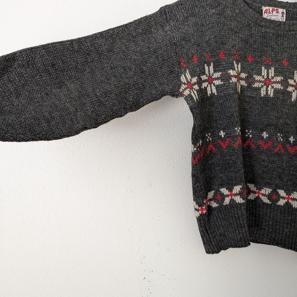 Vintage 50s 60s Alps Sportswear Wool Sweater, Nordic Print Gray & Red - Picture 4 of 8